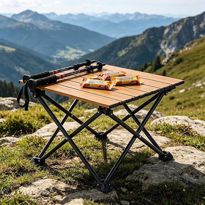 Wind Tour Roll-Up Camping Table, 4-Person Lightweight Aluminum Portable Outdoor Table with Carry Bag for Picnics BBQ Travel (15.7”x13.7”x11”| Wood Grain)