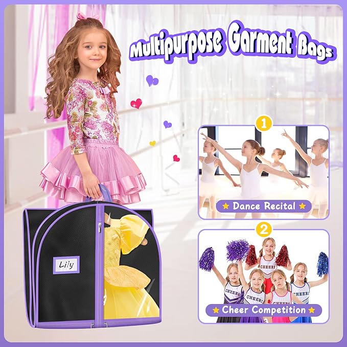 MISSLO Dance Garment Bags for Dancers with 4 Pockets Garment Bags for Dance Costumes 40" Cheer Uniform Garment Bag Hanging Kids Garment Bag for Recital, Competition, Travel, Storage, 3 Packs