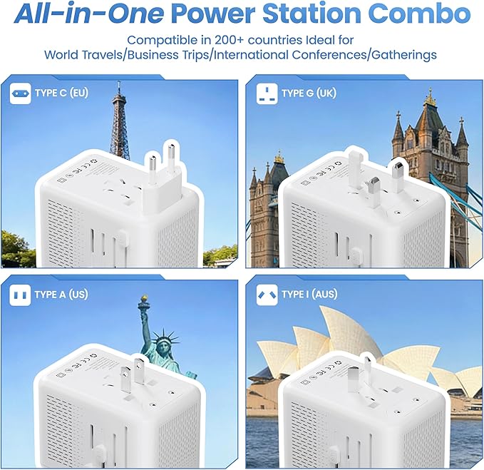 Power Converter Adapter Combo, Specially for Hair Dryers, 220v to 110v Voltage Converter with AC Socket, 2 USB C & 2 USB A Ports, Compact Voltage Converter US to Europe (White)