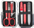 3 Swords Germany - Brand Quality 6 piece Manicure Pedicure Grooming kit Set - Scissors, Metal and Glass Nail File, Clipper, Tweezers with Synthetic Leather case - red/red Tools