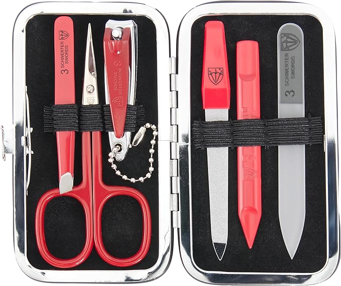 3 Swords Germany - Brand Quality 6 piece Manicure Pedicure Grooming kit Set - Scissors, Metal and Glass Nail File, Clipper, Tweezers with Synthetic Leather case - red/red Tools