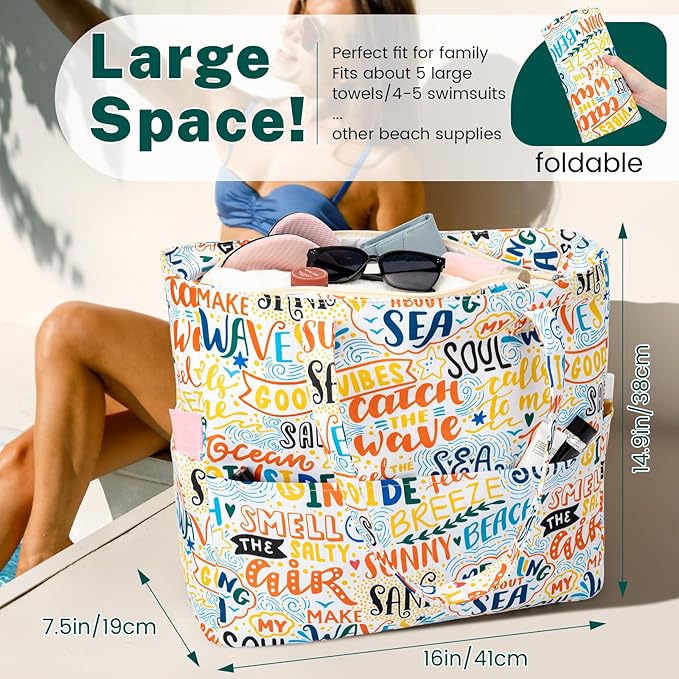 Iioscre Beach Bag for Women, Causal Hobo Pool Bags with Zipper Inner Pocket, Foldable Swim Tote Bag for Vacation Essentials