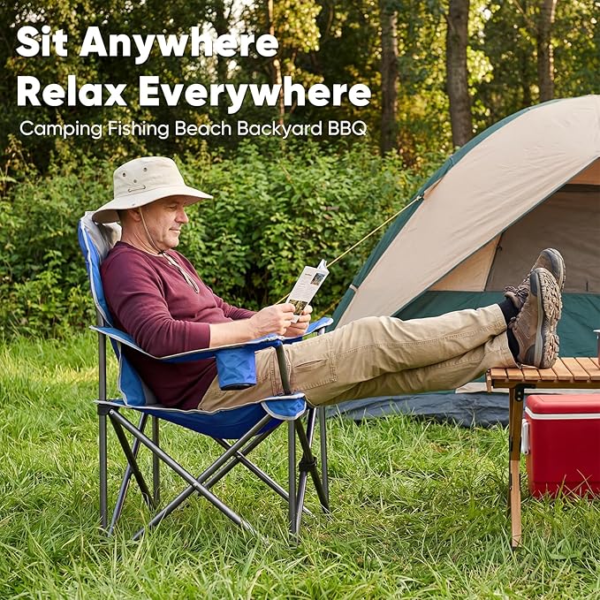 NEWBULIG Oversized Folding Camping Chair for Adults, Portable Outdoor Collapsible Chairs, 500 LBS Heavy Duty Support, with Cup Holders, for Lawn, Fishing, Hiking, Blue