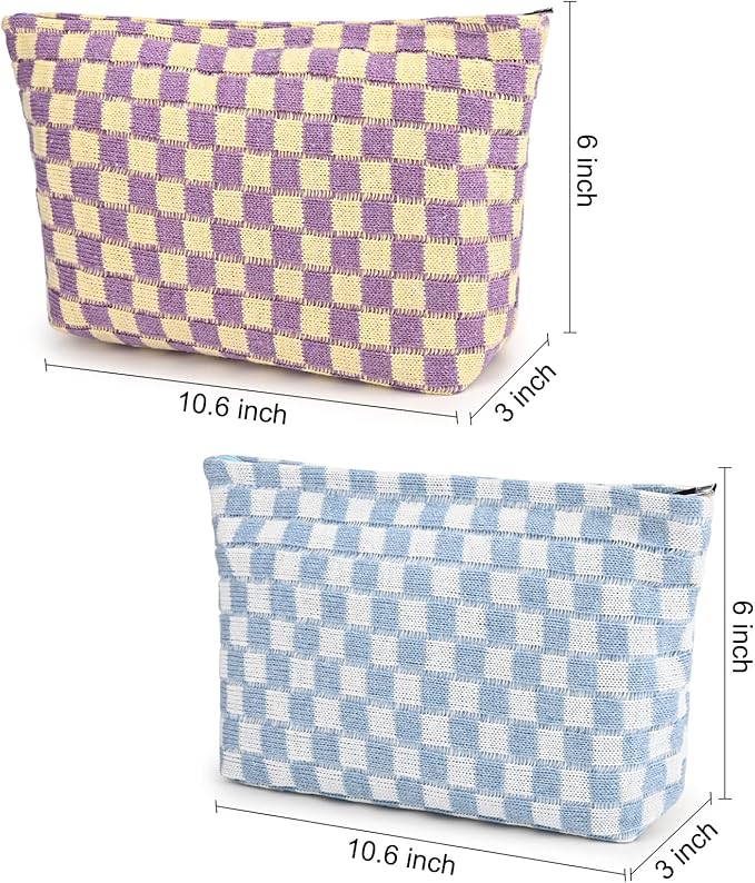 SOIDRAM 2 Pieces Makeup Bag Large Checkered Cosmetic Bag Capacity Canvas Travel Toiletry Bag Organizer Cute Makeup Brushes Aesthetic Accessories Storage Bag for Women,Checkered L Purple Light blue