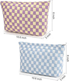 SOIDRAM 2 Pieces Makeup Bag Large Checkered Cosmetic Bag Capacity Canvas Travel Toiletry Bag Organizer Cute Makeup Brushes Aesthetic Accessories Storage Bag for Women,Checkered L Purple Light blue