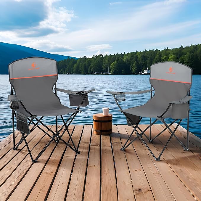 ALPHA CAMP Camping Chairs 250LBS Capacity, Heavy Duty Folding Chair with 4-Can Cooler Bag, Portable Outdoor Chair with Cup Holder for Adults, Collapsible for Tailgating, Beach, Fishing,Black,2PC