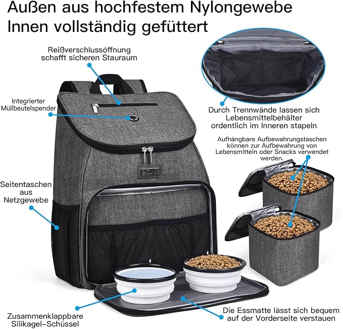 BAGLHER丨Dog Travel Bag, Airline Approved Pet Supplies Backpack, Dog Travel Backpack Accessories Set with 2 Silicone Collapsible Bowls and 2 Food Baskets, Gray