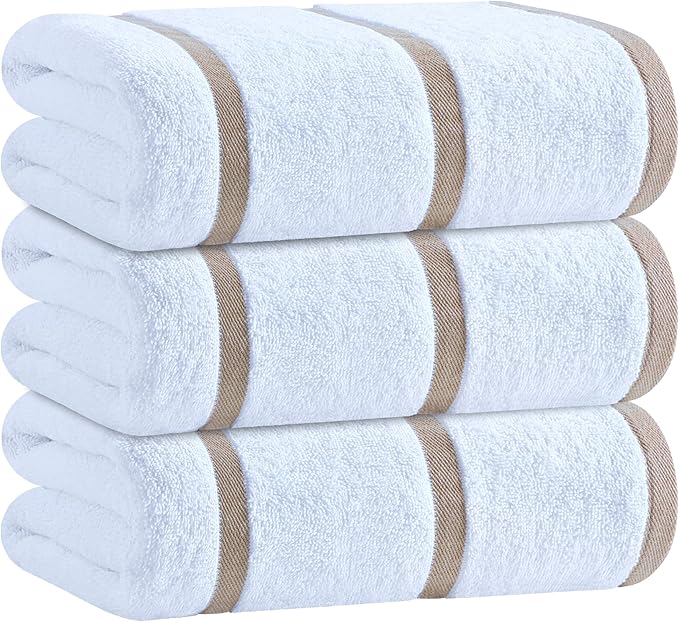 White Classic Cotton Pool Towels Oversized 35 x 70 Inches, Ultra Absorbent and Low Lint Striped Beach Towels for Adults, Stripes Design Luxury Extra Large Bath Towels, Cream Beige, 3 Pack