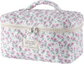 uekeboag Large Travel Quilted Makeup Bag for Women, Floral Cotton Cosmetic Bag, Coquette Aesthetic Floral Toiletry Organizer Bag