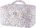 uekeboag Large Travel Quilted Makeup Bag for Women, Floral Cotton Cosmetic Bag, Coquette Aesthetic Floral Toiletry Organizer Bag