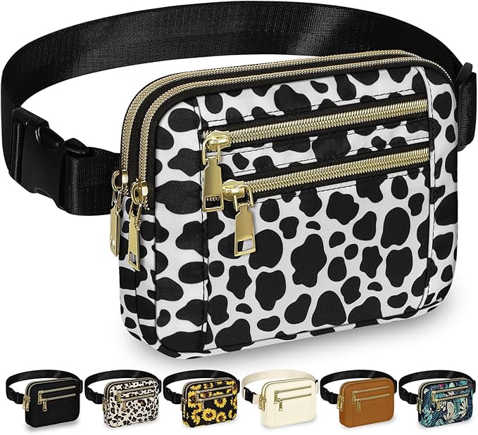 Capolo Fanny Packs for Women Fashion Waist Packs Bag with Adjustable Strap and 4 Zipper Pockets Waterproof Everywhere Crossbody Belt Bag for Workout Running Travelling(Cow Print, Large)