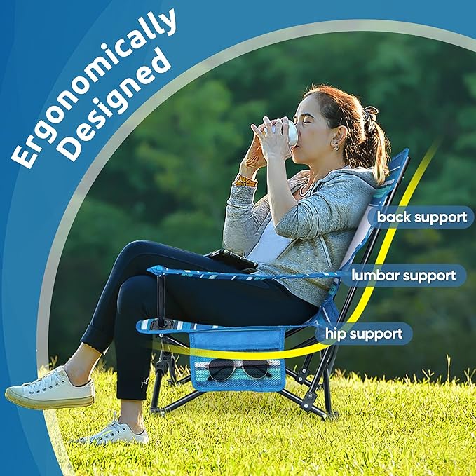 HaSteeL Folding Beach Chair Set of 2, Foldable Striped Camping Chairs for Outside, Low Beach Chair Portable for Adults Fishing, Picnic, Outdoor BBQ, Travel, Sports, Cup Holder & Storage Bag