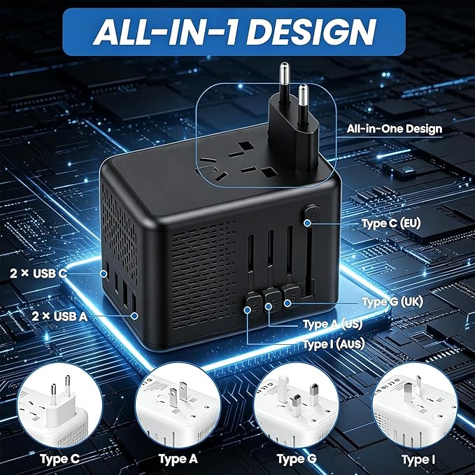 220V to 110V Voltage Converter US to Europe for Hair Dryer with Fast Charging 2 USB A & 2 USB C, Power Converter Adapter Combo International Adapter European Travel Converter C G A I (Black)