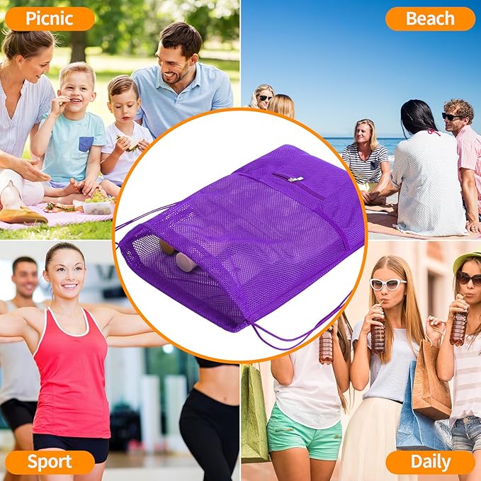 NATURAL STYLE Mesh Drawstring Backpack Bag, Gym Sports Bag with Zipper Pocket Bottle Holder, String Beach Bag for Swiming Travel (Purple)