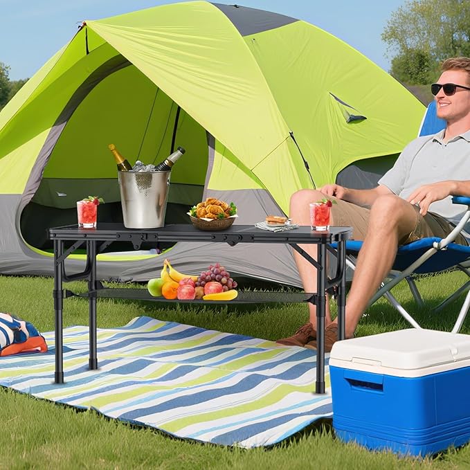Anbte Folding Camping Table with Storage Net, 3ft Camping Table Aluminum Folding Table with 3 Adjustable Height Max 27.5 Inch Picnic Table Portable Table for Outdoor Backyard BBQ, Pure Black