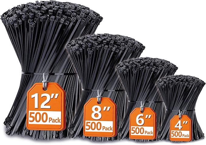 Zip Ties Assorted Sizes(4”+6”+8”+12”), 2000 Pack, Black Cable Ties, UV Resistant Wire Ties by ANOSON