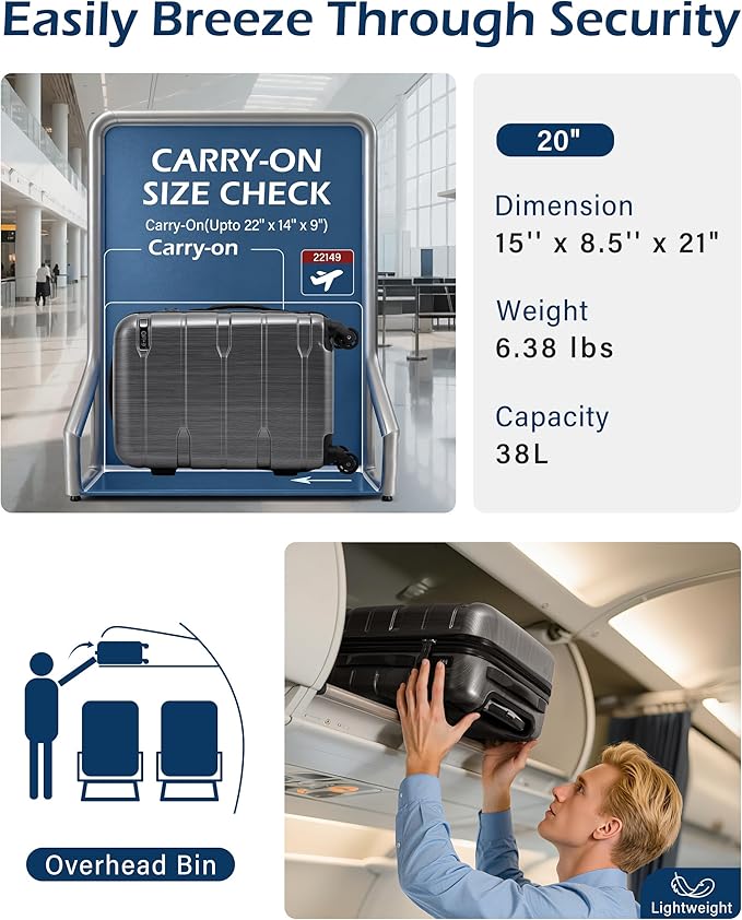 Coolife Carry On Luggage 22x14x9 Airline Approved Hardside PC+ABS Suitcase with TSA Lock, Lightweight Rolling Travel Luggage with Spinner Wheels(Charcoal, 20in)