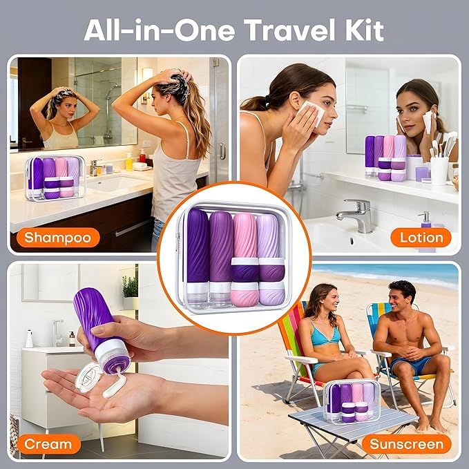 Travel Bottles for Toiletries 8 Pack: TSA Approved 3oz Leak Proof Containers - Silicone Squeezable Bottles for Shampoo Lotion - Travel Essentials for Women Men with Clear Bag (deep red)