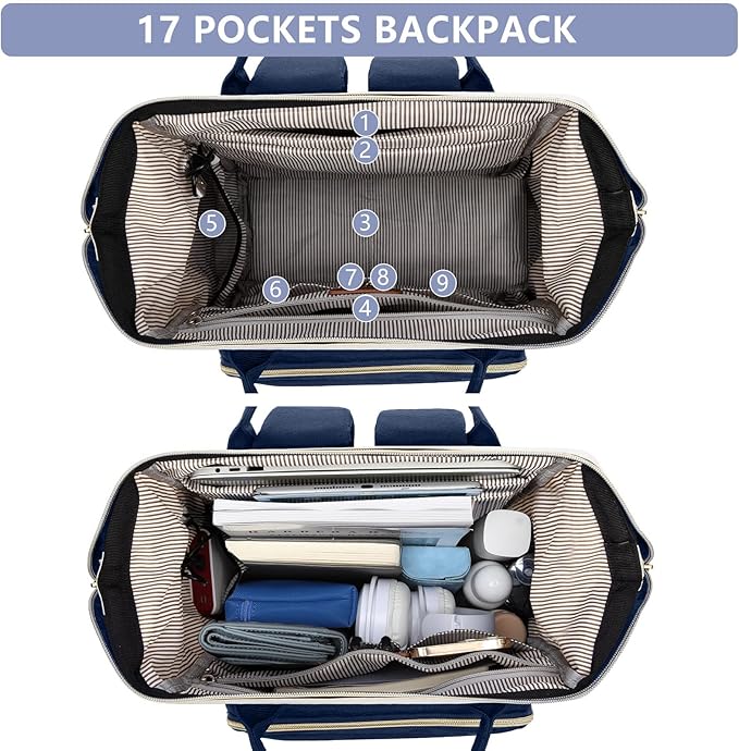 Focdod Laptop Backpack for Womem Work Bags: 17.3 Inch Travel BackPacks With USB Charging Port Anti Theft Fashion College BookBag Durable Back Pack Purse Bussiness Daypack for Nurse Teacher Navy Beige