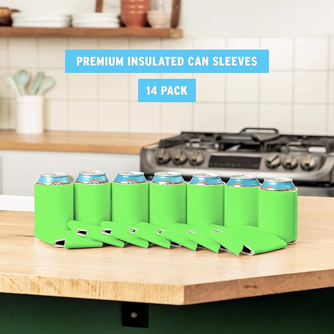 Blank Beer Can Coolers Sleeves (14-Pack) Soft Insulated Beer Can Cooler Sleeves - HTV Friendly Plain Can Sleeves for Beer Cans & Bottles - Blanks for Vinyl Projects Wedding Favors & Gifts (Lime Green)