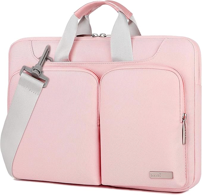 Lacdo 360° Protective Laptop Shoulder Bag for 15 inch MacBook Air M5/A3448 (2026), M4 A3241 2025, M3 A3114, M2 A2941 2024-2023, 15 inch MacBook Pro A1990 A1707, Dell XPS 15 Computer Case Bag, Pink