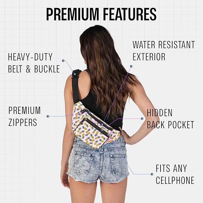 Fanny Pack Belt bag - Crossbody Waist Bag for Men or Women - Hands-Free, Waterproof Large Bumbag for Hiking, Running, and Travel (Pineapple)