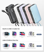 JOYFAR Portable Charger with Built-in USB-C Cable & Plug, 10,000mAh 5V/4.5A Power Bank Fast Charging 22.5W, Travel Essential Battery Pack 3 Output for iPhone 16/15 Series, Samsung Galaxy, iPad, 1 Pack