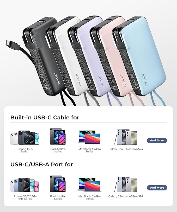 JOYFAR Portable Charger with Built-in USB-C Cable & Plug, 10,000mAh 5V/4.5A Power Bank Fast Charging 22.5W, Travel Essential Battery Pack 3 Output for iPhone 16/15 Series, Samsung Galaxy, iPad, 1 Pack