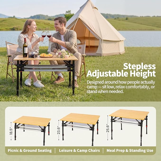 Join Nature 39.4'' Large Bamboo Camping Table, Adjustable Height Folding Outdoor Table with Aluminum Frame, Portable Camp Table with Carry Bag for Camping, RV, Picnic & Tailgating