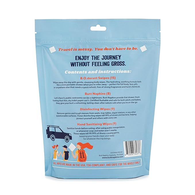 Butt Napkins B.O.dorant & Cleaning Wipes Combo Pack – Portable Odor-Fighting Swipes + All-Natural Family Travel Wipes – 2-in-1 Personal & On-the-Go Hygiene Solution (Cleaned for Departure)