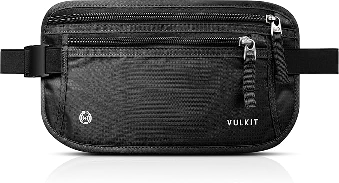 VULKIT Money Belt for Travel, Hidden Passport Holder, Anti-Theft Travel Wallet Under Clothes, RFID Blocking Waist Pouch, Undercover Fanny Pack, Carbon Black