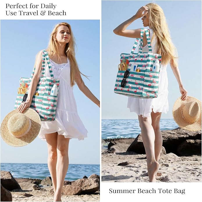 Trifabricy Beach Bags for Women Waterproof Sandproof Women Tote Bag, Large Beach Bag with Zipper for Gym Travel Vocation