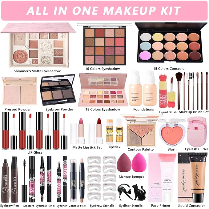 All-in-One Makeup Kit for Teens Women Full Kit, Makeup Gift Set for Girls, Makeup Essential Bundle Includes Eyeshadow Foundation Lipsticks Lipgloss Mascara Eyeliner Contour Stick Cosmetic Brush Set
