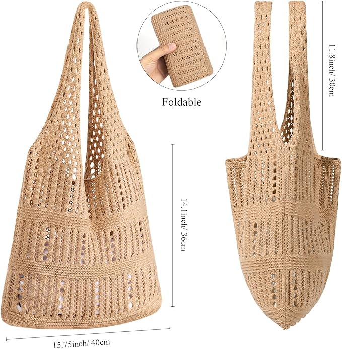 WantGor Crochet Bags, Beach Mesh Tote Bag Womens Shoulder Shopping Handbag Casual Travel Totes Bag Foldable Hobo Bags
