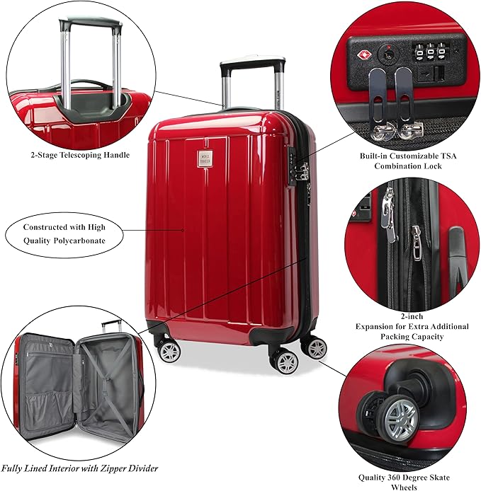 World Traveler VentureX Airline Approved 20-Inch Carry-On Luggage – Lightweight Hardside Polycarbonate Suitcase with Spinner Wheels - Contour Red