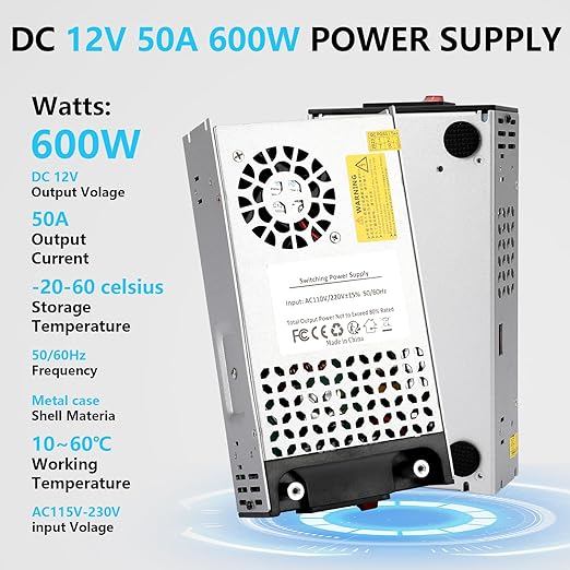 110V AC to 12V DC Converter, 12V 50A 600W Power Supply Transformer Adapter SMPS AC to DC Converter Switch Power Supply Max 50A 600W for CCTV Camera Security System Radio 3D Printer