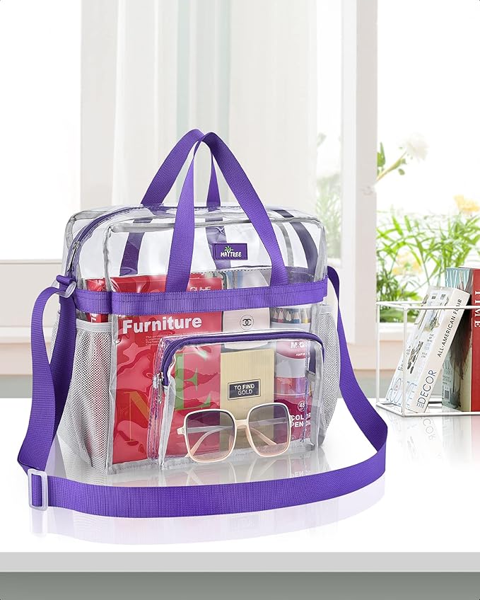 MAY TREE Clear Bag for Stadium Events 12×6×12 Clear Tote Lunch Bag with Reinforced Straps for Work, Sporting Events and Gym, Purple