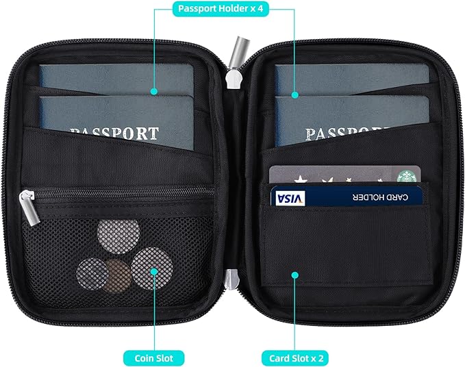 WALNEW Passport Holder Family for 4, RFID Blocking Travel Wallet Women Men, Lightweight Zipper Document Organizer Pouch Bag Credit Cards Case Cover for Travelling, Black | Family for 4, RFID Blocking, Lightweight, Zipper, Document Organizer, Pouch Bag
