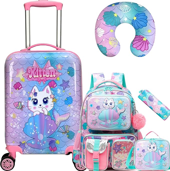 Cute Cat Kid's Luggage Set - 5 Piece Hardside Suitcase Set with Spinner Wheels - Airline Approved