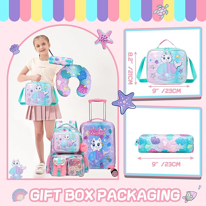 Cute Cat Kid's Luggage Set - 5 Piece Hardside Suitcase Set with Spinner Wheels - Airline Approved