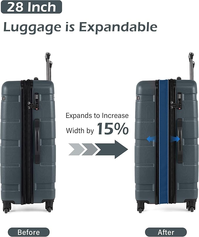 Coolife Expandable Large Checked Luggage Hardside PC+ABS Suitcase with TSA Lock, Lightweight Rolling Carry On with Spinner Wheels(Teal, 28in)