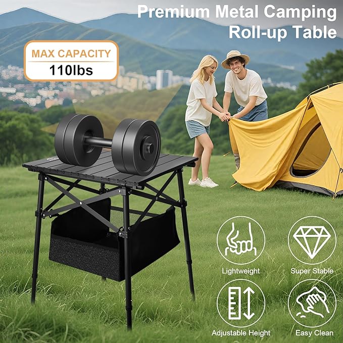 Folding Camping Table - Small Outdoor Table with Storage Bag - Adjustable Height 17.7'' & 24'', Portable Lightweight Aluminum Foldable Side Table for Picnic, BBQ, Beach & Tailgating(Large)