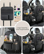 PU Leather Backseat Car Organizer with Foldable Tray & Tablet Holder, Luxury Diamond Stitching Design, Universal Car Seat Storage Organizer for Kids & Family Travel Accessories, Black