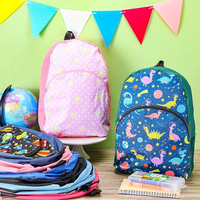 24 Pack School Backpack Bulk 15'', Assorted Printed Bookbags for Boys Girls, Homeless Donations Supplies