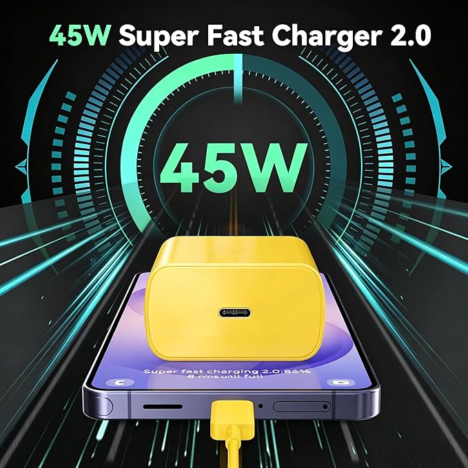 45W Super Fast Charger USB Type C Charger Cord 6.6FT with Android Phone Charger Fast Charging Block for Samsung Galaxy S26/S26 Ultra/S26+/S25/S25 Ultra/S25+/S24/S23/S22/S20/S21/Note 20/Note 10, Yellow