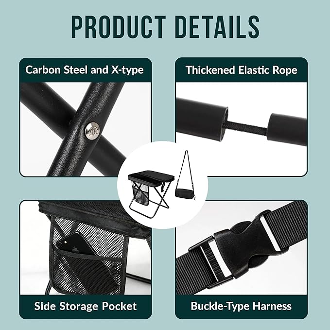 12" Portable Collapsible Stool - Folding Chair with Storage Pouch, Convertible Satchel for Hands-Free Carry & Supports 265Lbs, Ultralight for Hiking, Fishing, Camping, Festivals (Black, Standard)