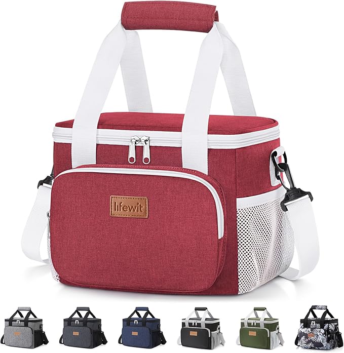 Lifewit Medium Lunch Bag, Insulated Lunch Box, Soft Cooler Cooling Tote for Adult Men Women, White and Red12-Can (9L)