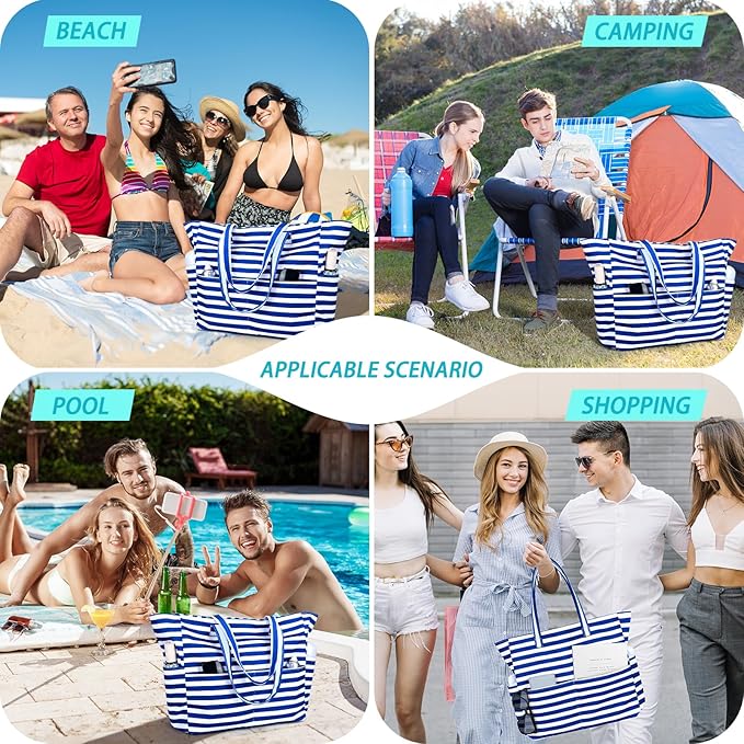 Iioscre Beach Bag for Women, Causal Hobo Pool Bags with Zipper Inner Pocket, Foldable Swim Tote Bag for Vacation Essentials