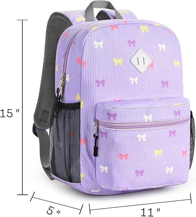 STEAMEDBUN Corduroy Kids Backpack for Girls 3-8, Girls Backpack for Elementary Kindergarten - Purple Bow