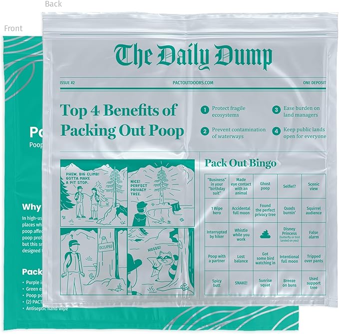 PACT Pack Out Kit - Camping Poop Kit Includes Wet Wipes, Smell Proof Disposal Bags, Hand Wipes, Poop Powder for Odor and Human Waste Bags for Camping and Backpacking